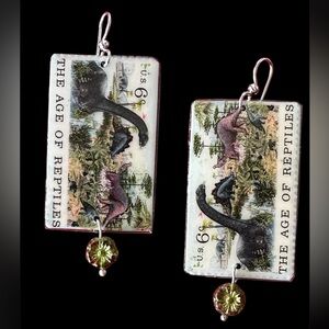 Real vintage postage stamp dinosaurs custom pair Earrings sterling wires OOAK